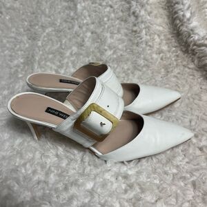Nine West leather white slip on strap Mules 3”heels side tortoise buckle SZ9.5